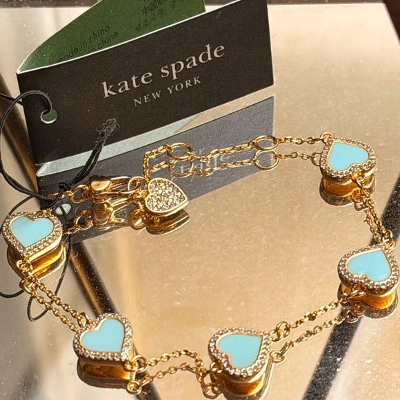KATE SPADE BRACELET ⭐️TAKE HEART PAVE CRYSTAL- MINT ENAMEL CZ GOLD TONE-Pierced - Picture 16 of 16